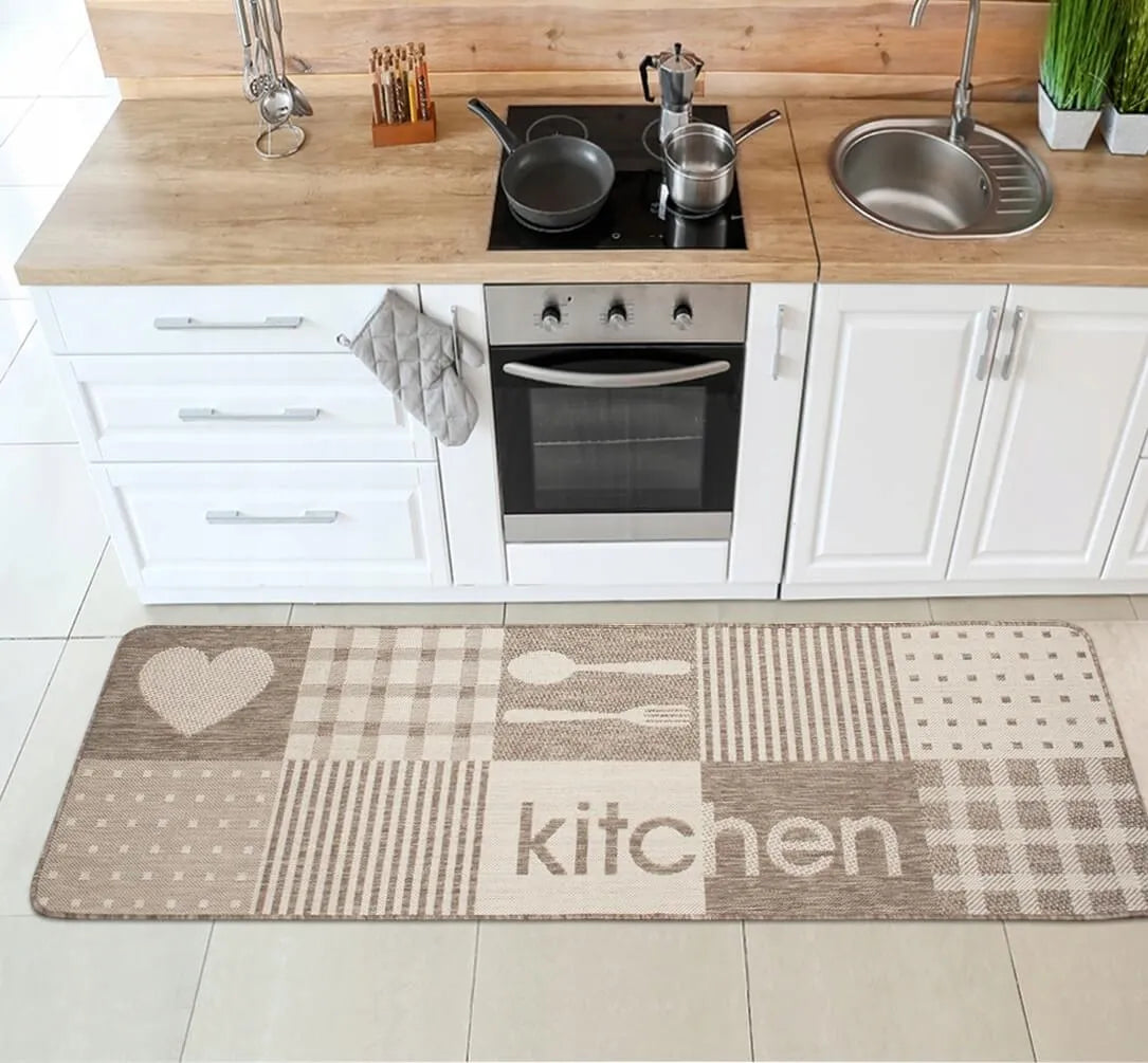 Neslystantis virvinis virtuvinis kilimas Eureka Home 67x200 cm, smėlio spalvos