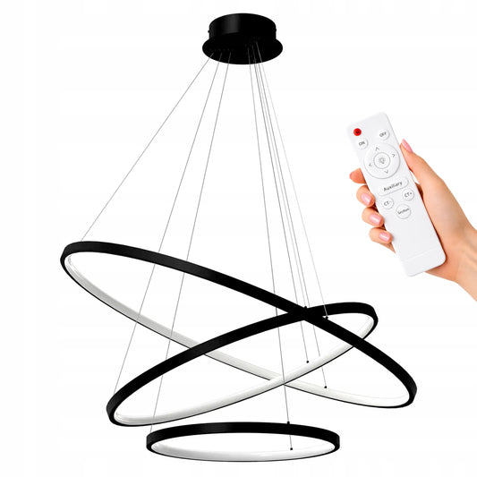 PAKABINAMAS JUODAS LUBINIS ŠVIESTUVAS 60 CM, MODERNUS LOFT STILIAUS ŠVIESTUVAS SU 3 ŽIEDAIS IR NUOTOLINIO VALDYMO PULTELIU