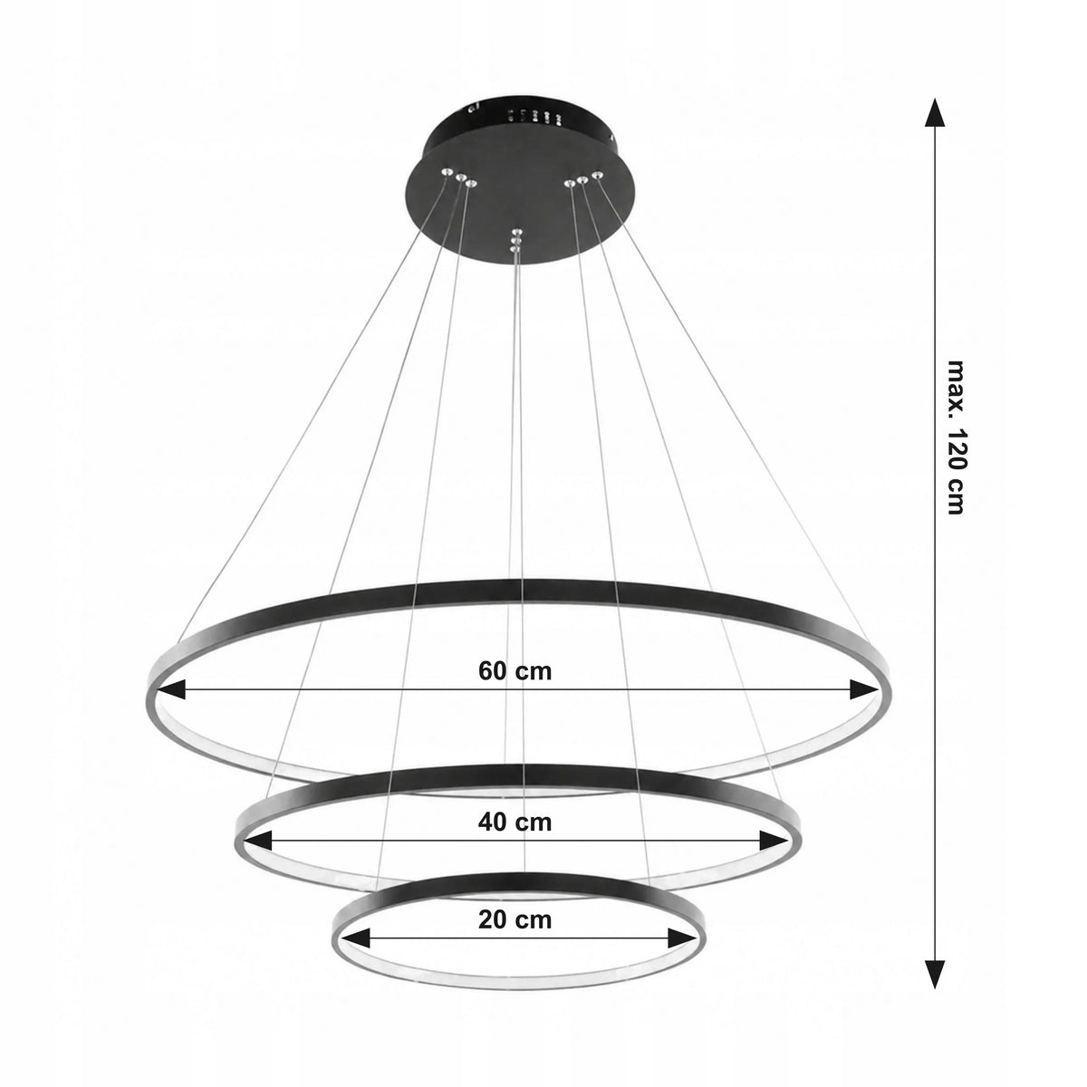 PAKABINAMAS JUODAS LUBINIS ŠVIESTUVAS 60 CM, MODERNUS LOFT STILIAUS ŠVIESTUVAS SU 3 ŽIEDAIS IR NUOTOLINIO VALDYMO PULTELIU