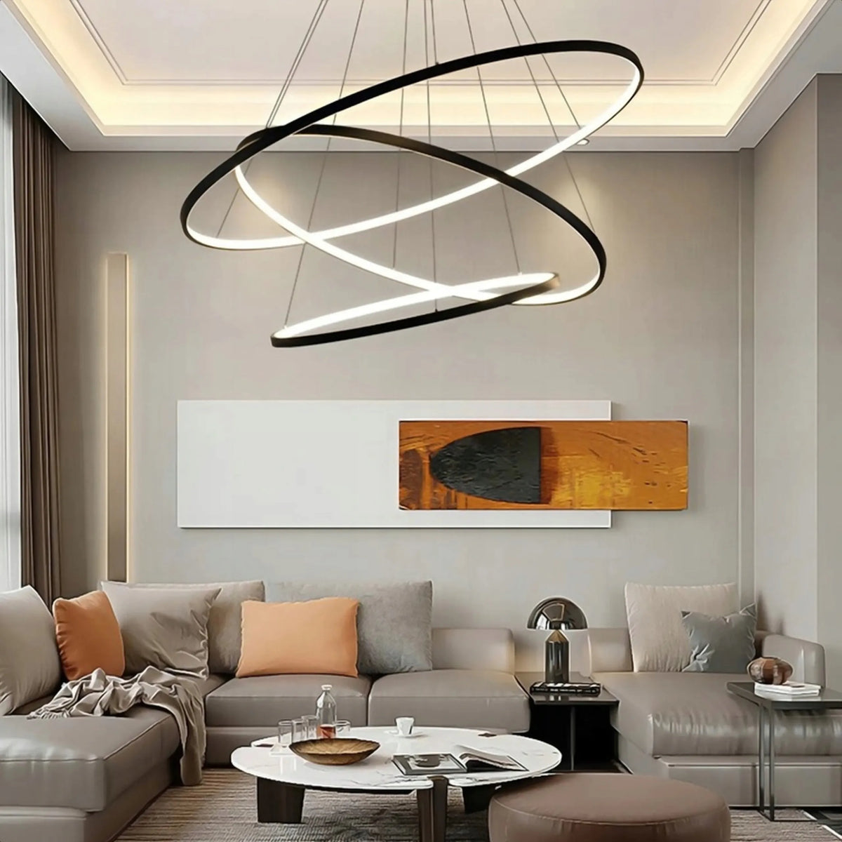 PAKABINAMAS JUODAS LUBINIS ŠVIESTUVAS 60 CM, MODERNUS LOFT STILIAUS ŠVIESTUVAS SU 3 ŽIEDAIS IR NUOTOLINIO VALDYMO PULTELIU
