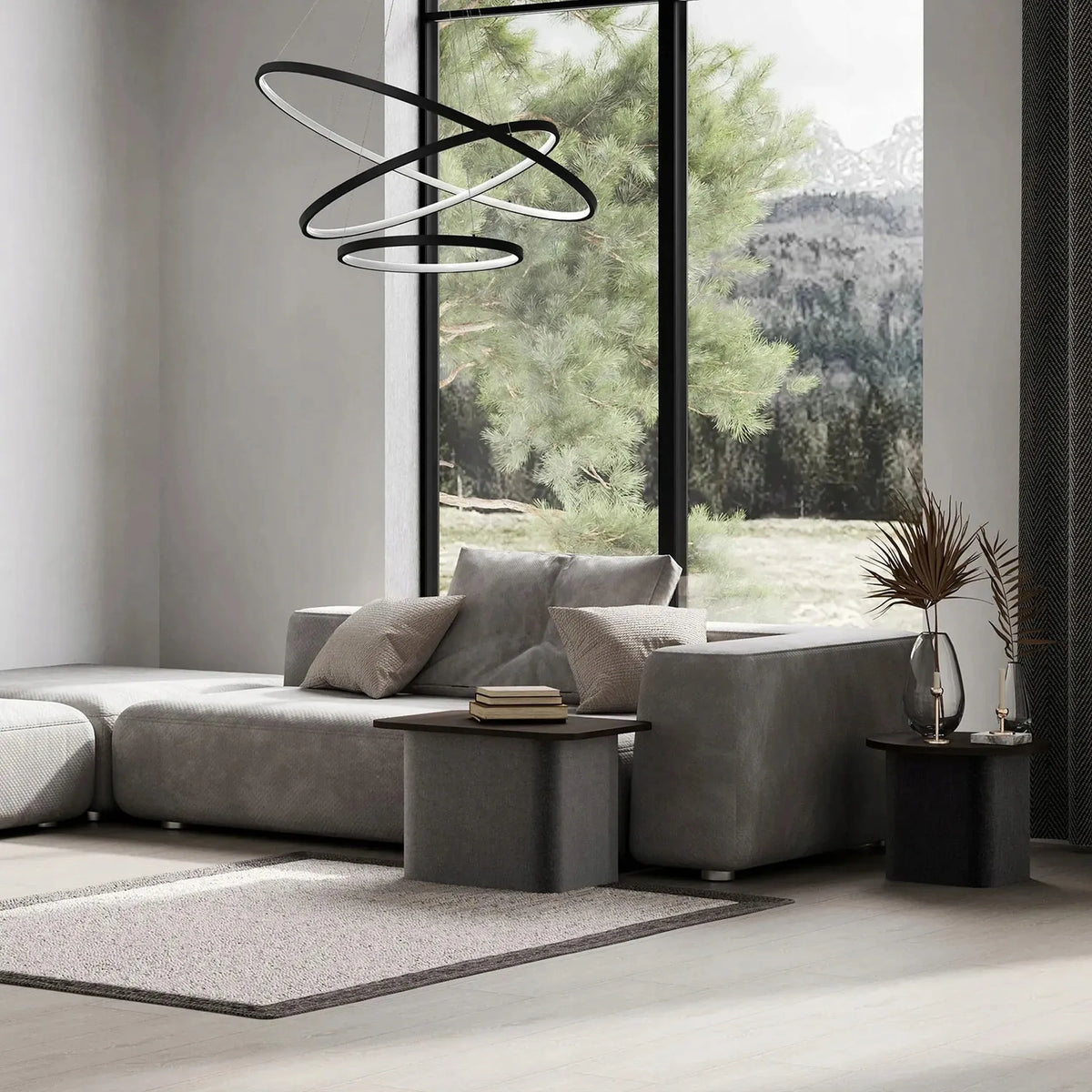 PAKABINAMAS JUODAS LUBINIS ŠVIESTUVAS 60 CM, MODERNUS LOFT STILIAUS ŠVIESTUVAS SU 3 ŽIEDAIS IR NUOTOLINIO VALDYMO PULTELIU