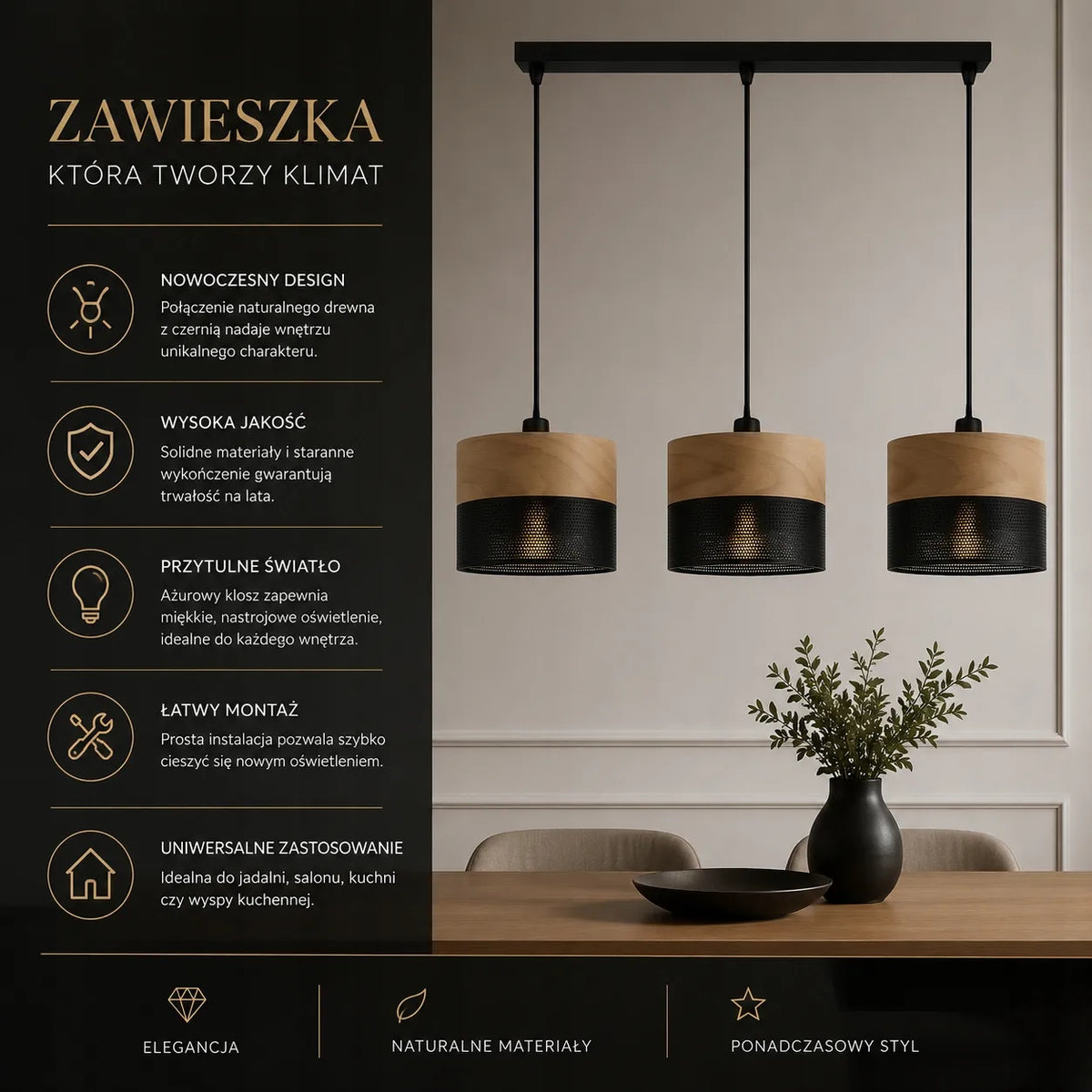 Pakabinamas lofto stiliaus metalinis šviestuvas „Komat“ E27, juodas, virš stalo, svetainei ir virtuvei
