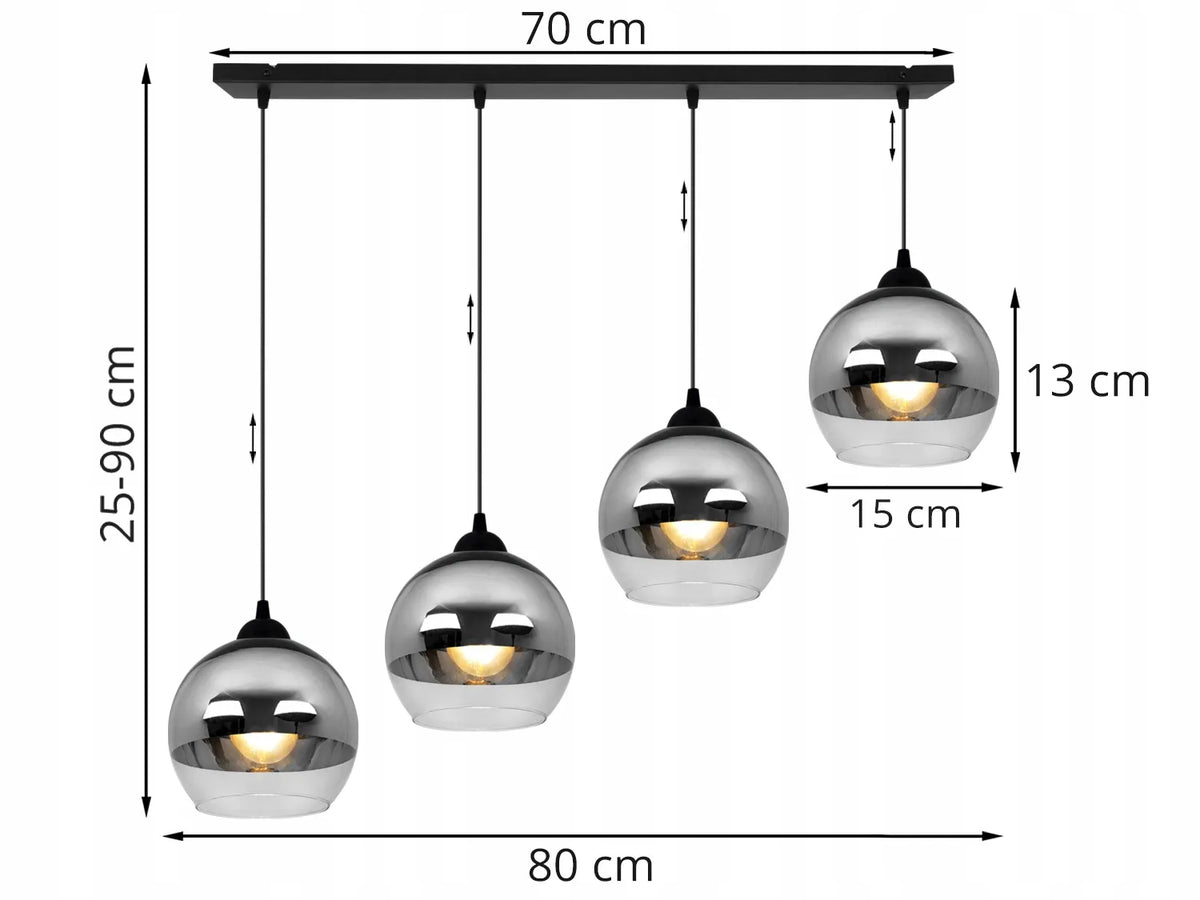 Pakabinamas lubinis šviestuvas „BERGEN“ su stikliniais gaubtais, chromuota juosta, 4 x E27, Light Home