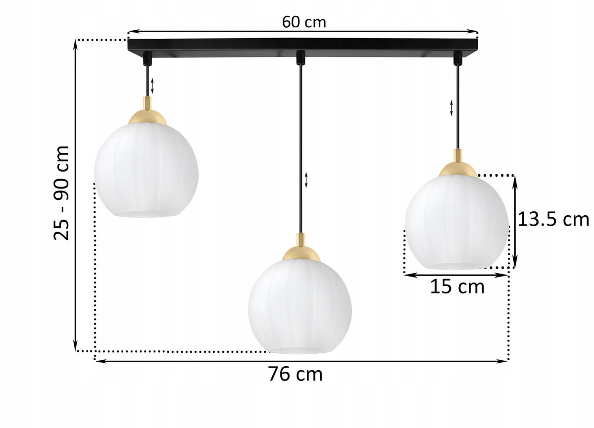 Pakabinamas lubinis šviestuvas COSTA, juodas ir auksinis, 3 balti stikliniai gaubtai