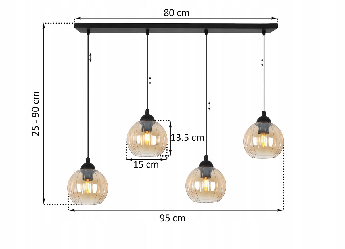 Pakabinamas lubinis šviestuvas COSTA, juodas su gintaro spalvos stiklo gaubtais, 4 x E27, Light Home