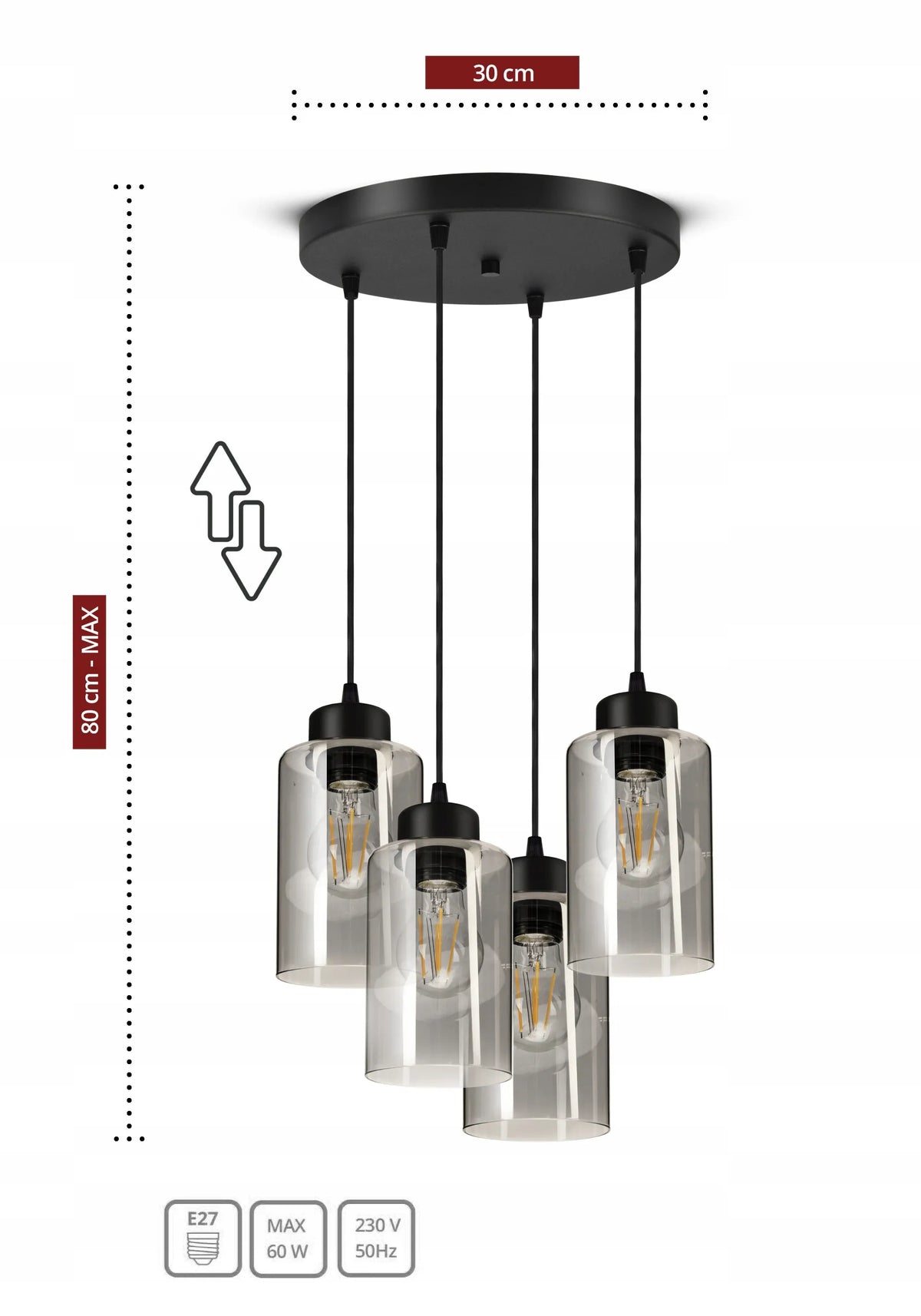 Pakabinamas lubinis šviestuvas „Glass Tube“ 535-EZ4, juodas, stiklinis, LED E27