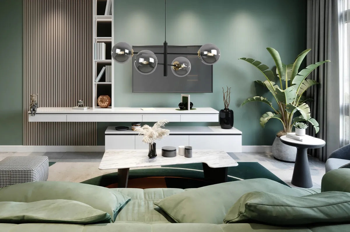 PAKABINAMAS LUBINIS ŠVIESTUVAS, JUODAS, GRAFITINIAI STIKLINIAI GAUBTAI, LOFT GLAMOUR, 4 ŠVIESOS ŠALTINIAI