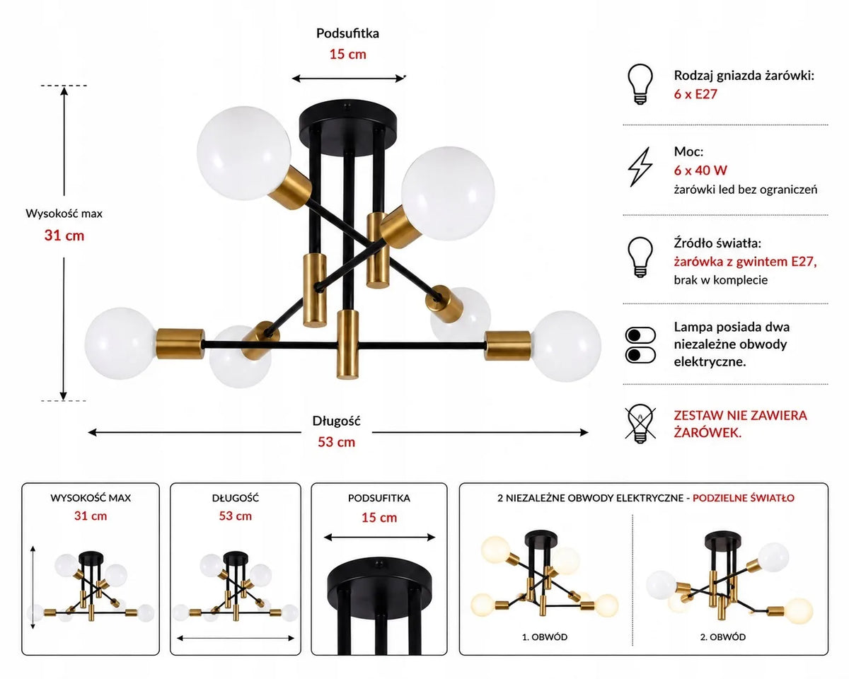 Pakabinamas lubinis šviestuvas Krislamp DORADO, juodas ir auksinis, 6 × E27
