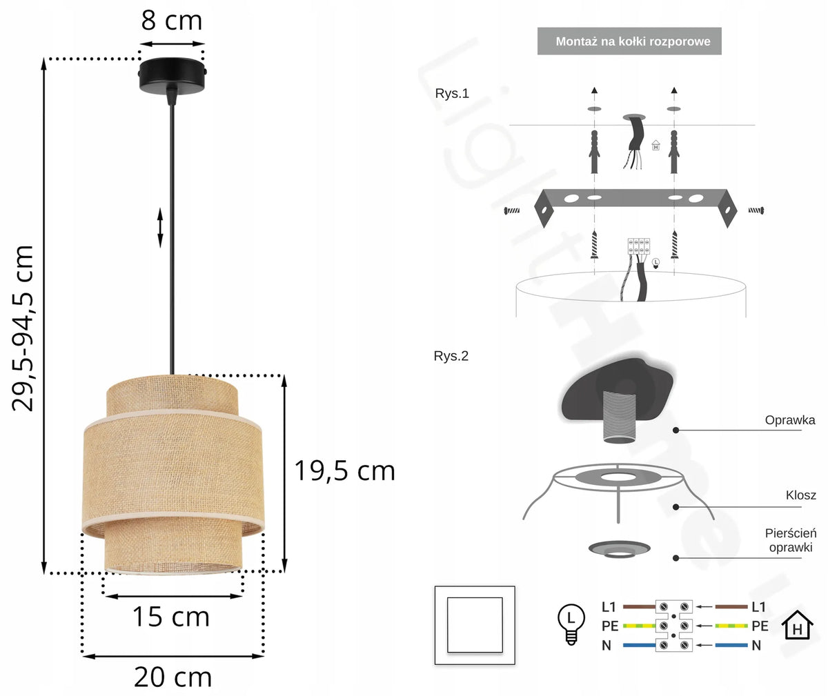 Pakabinamas lubinis šviestuvas Light Home BOHO 2459/1, viengubas, apvalus džiuto efekto gaubtas