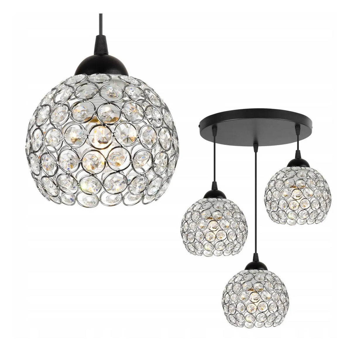 Pakabinamas lubinis šviestuvas „Light Home CRYSTAL“ su trimis šviesos taškais, juodas ir chromo, dekoruotas kristalais