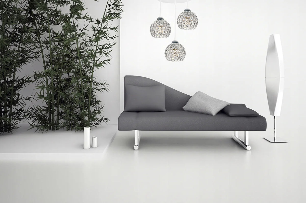 Pakabinamas lubinis šviestuvas „Light Home CRYSTAL“ su trimis šviesos taškais, juodas ir chromo, dekoruotas kristalais