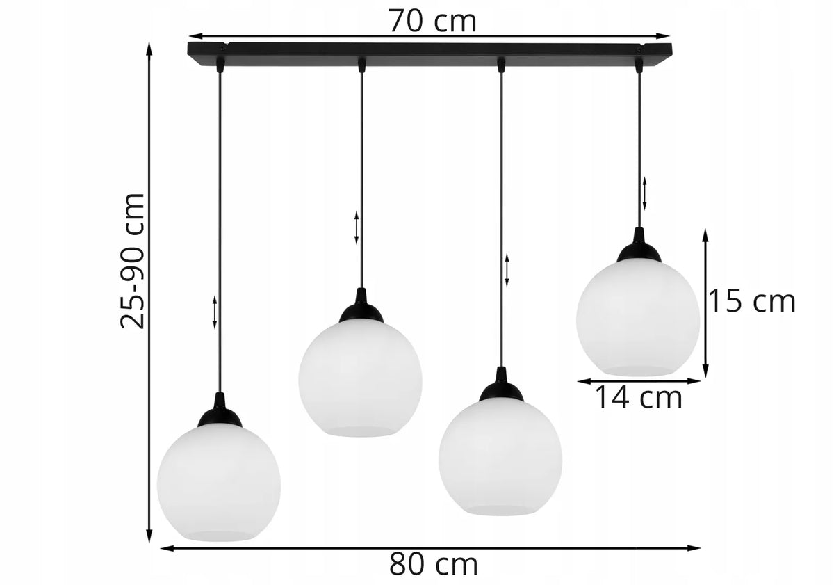 Pakabinamas lubinis šviestuvas „Light Home Eliza“ su baltais stikliniais gaubtais, juodas, 4 šviesos taškai