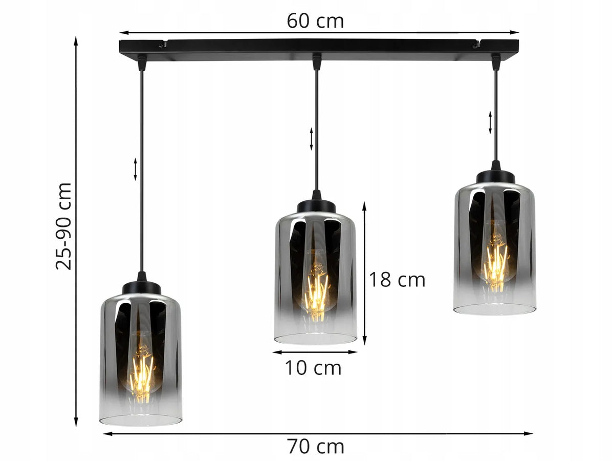 Pakabinamas lubinis šviestuvas „Light Home“ HELLA – juodas lofto stiliaus trigubas šviestuvo profilis su stikliniais gaubtais