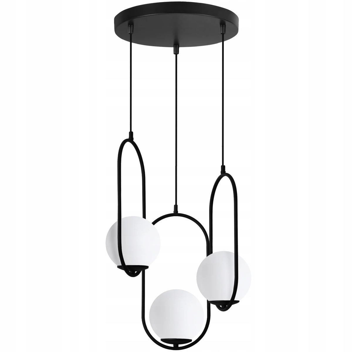 Pakabinamas lubinis šviestuvas Light Home LUNA, juodas, trigubas, su baltais sferiniais gaubtais virš stalo