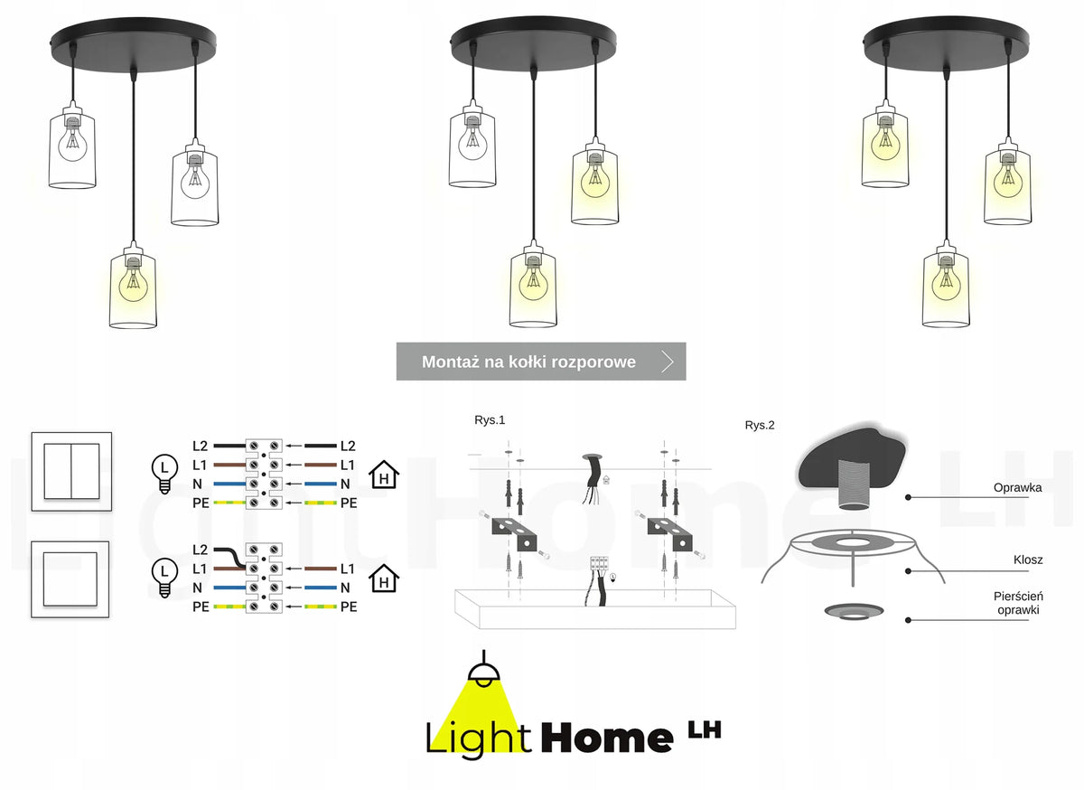 Pakabinamas lubinis šviestuvas Light Home PANTA 2002/3OW, 3 lempučių, juodas, lofto stiliaus