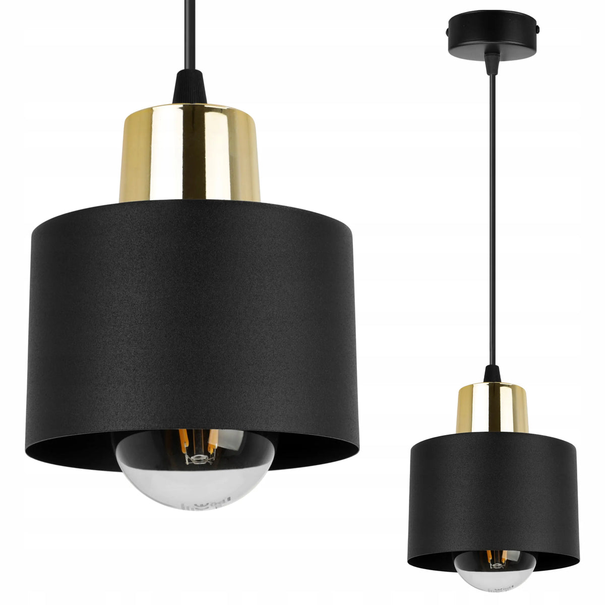 Pakabinamas lubinis šviestuvas „Light Home PANTA 2003/1“, viengubas, juodas su auksiniu gaubtu, lofto stiliaus
