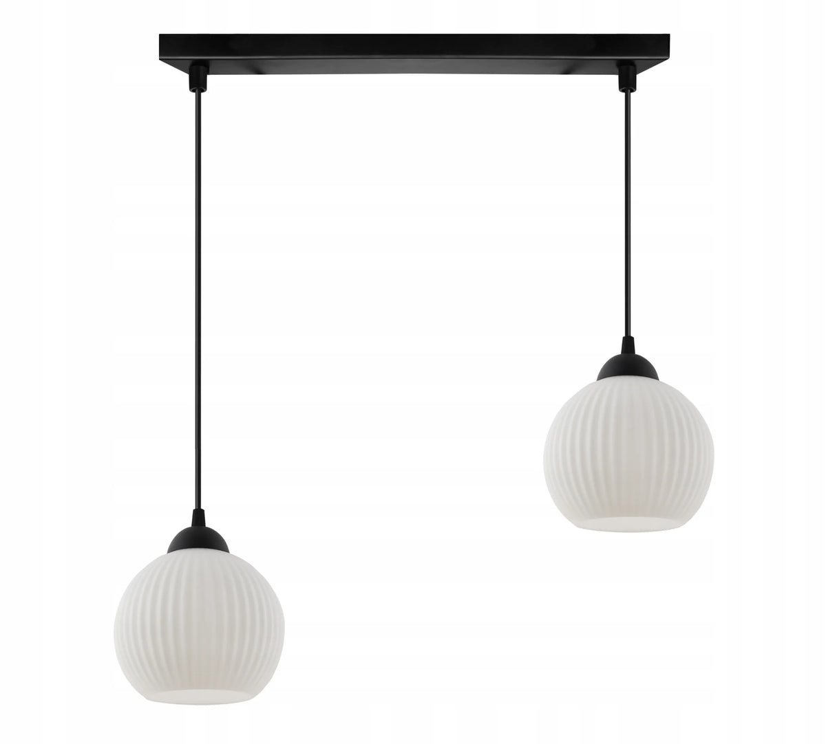 Pakabinamas lubinis šviestuvas „Light Home“ RIFFLE, juoda juosta, 2 balti stikliniai gaubtai, virš stalo