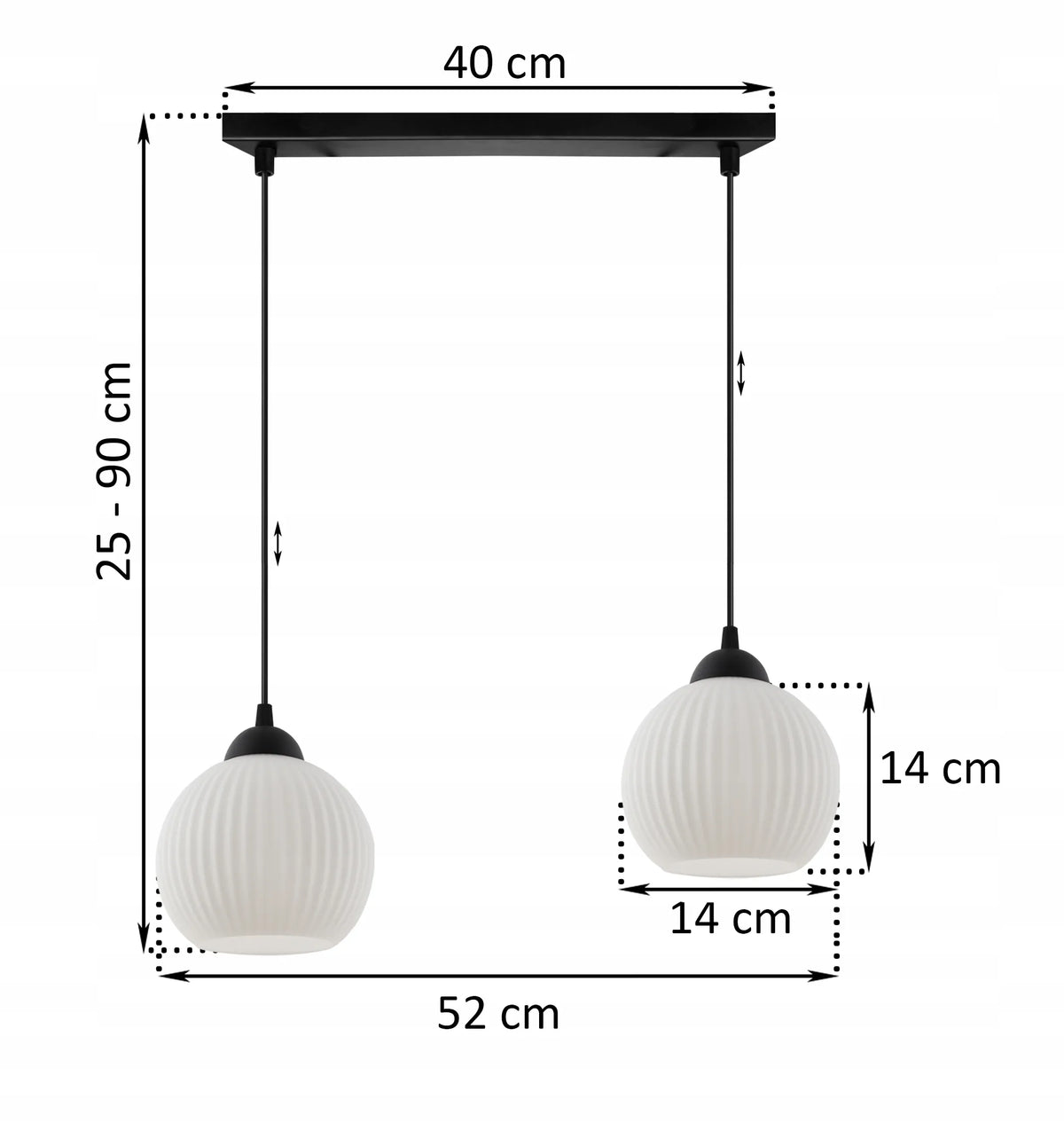 Pakabinamas lubinis šviestuvas „Light Home“ RIFFLE, juoda juosta, 2 balti stikliniai gaubtai, virš stalo