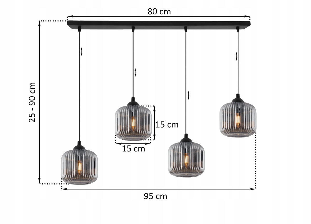 Pakabinamas lubinis šviestuvas „Light Home“ RIFFLE, juodas, su griovelėtais stikliniais gaubtais, 4×E27