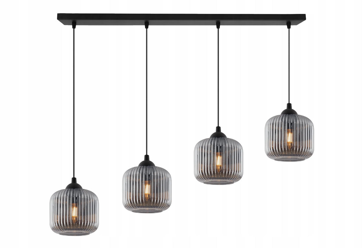 Pakabinamas lubinis šviestuvas „Light Home“ RIFFLE, juodas, su griovelėtais stikliniais gaubtais, 4×E27