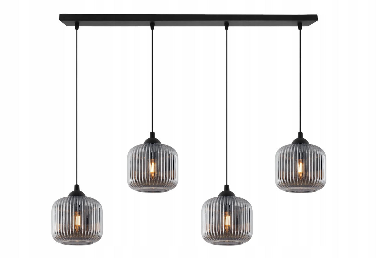 Pakabinamas lubinis šviestuvas „Light Home“ RIFFLE, juodas, su griovelėtais stikliniais gaubtais, 4×E27
