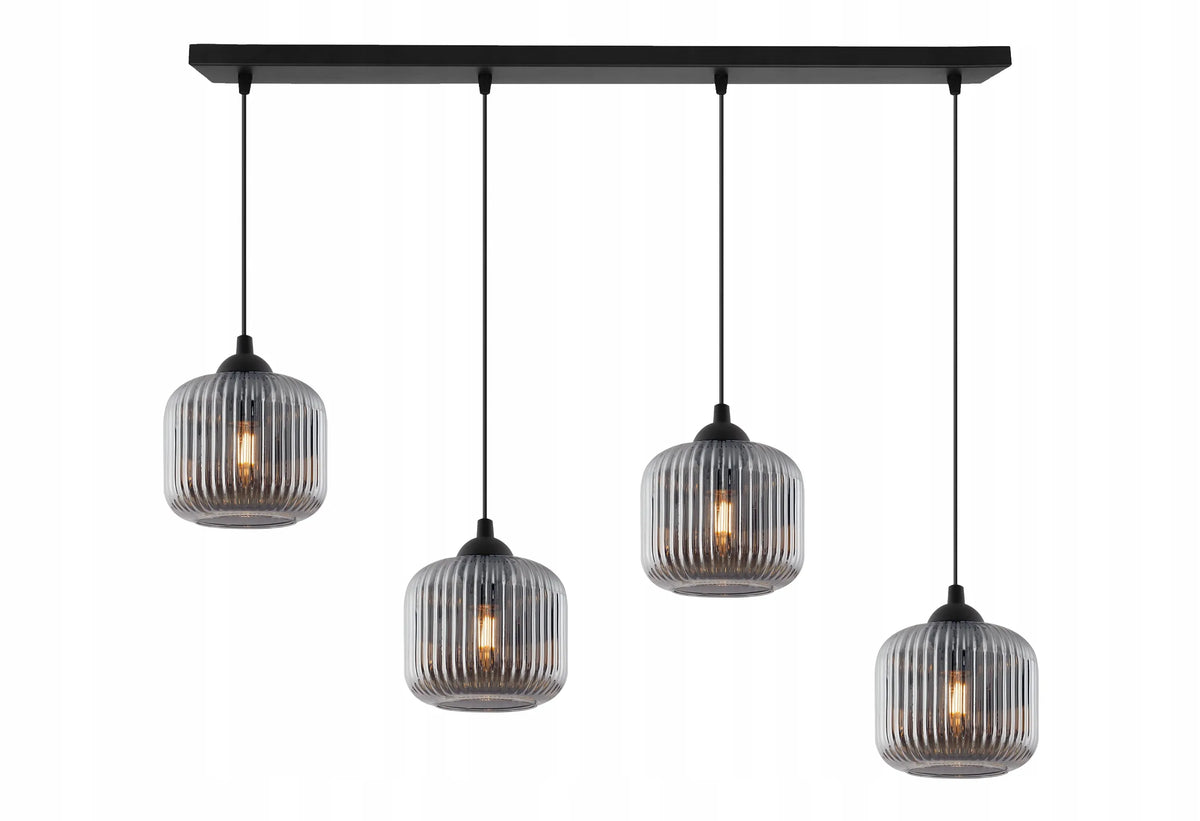 Pakabinamas lubinis šviestuvas „Light Home“ RIFFLE, juodas, su griovelėtais stikliniais gaubtais, 4×E27