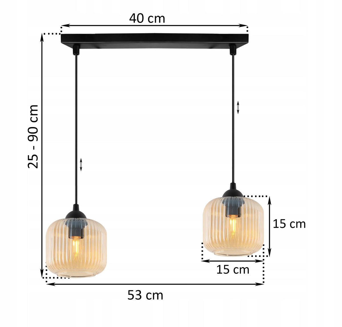 Pakabinamas lubinis šviestuvas „Light Home“ RIFFLE svetainei, gintaro spalvos rievėti gaubtai, 2 x E27