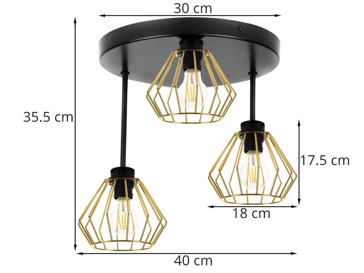 Pakabinamas lubinis šviestuvas Light Home Santos 2213/3/OP, trigubas, juodas ir auksinis, lofto stiliaus
