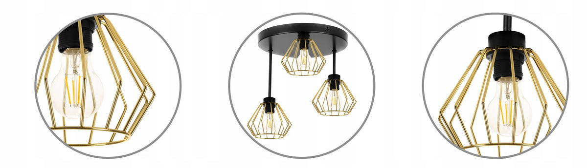 Pakabinamas lubinis šviestuvas Light Home Santos 2213/3/OP, trigubas, juodas ir auksinis, lofto stiliaus