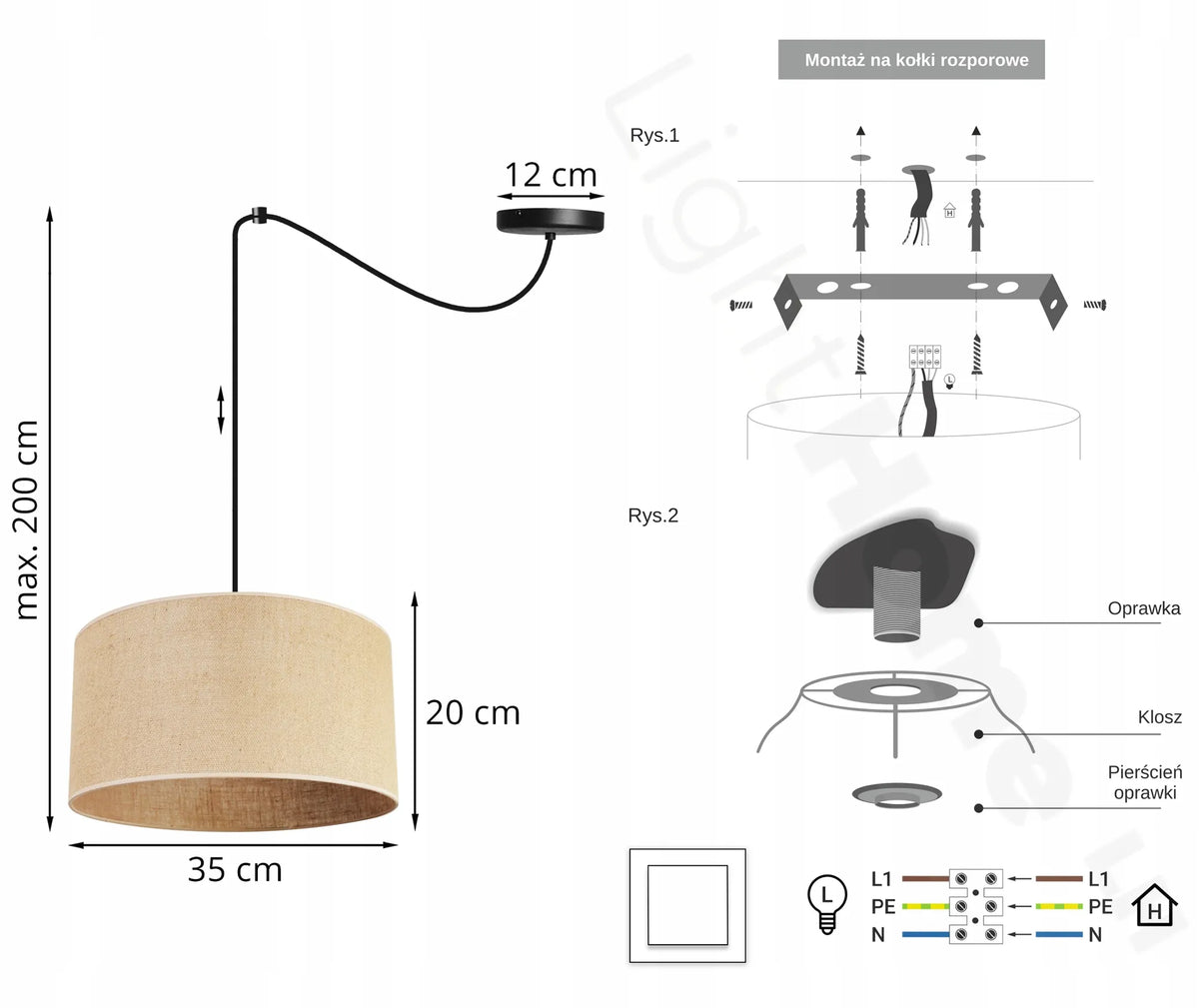 Pakabinamas lubinis šviestuvas Light Home SPIDER JUTA 2450/35, vienas gaubtas, boho lofto stilius, 35 cm