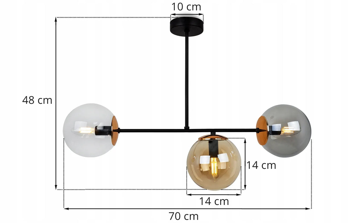 Pakabinamas lubinis šviestuvas „Light Home Tuluza“ su 3 stikliniais spalvotais gaubtais, juodas, lofto stiliaus