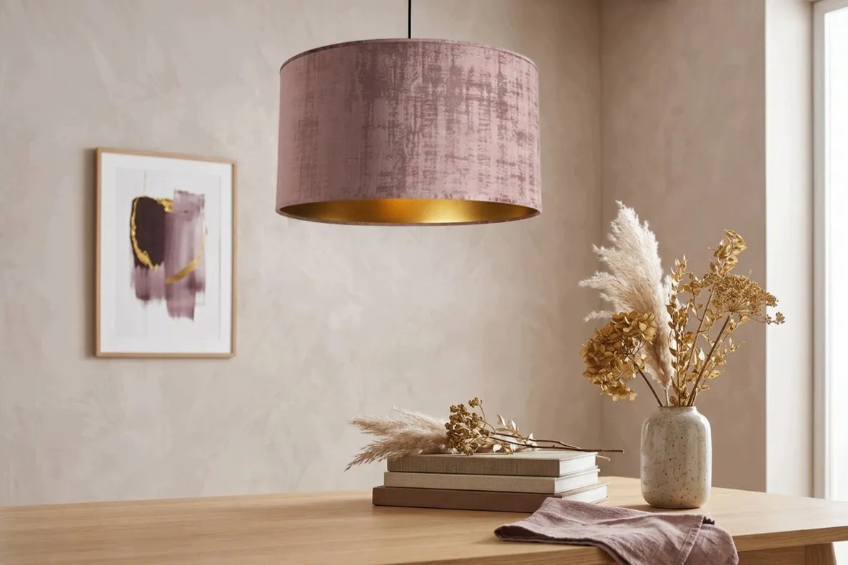 Pakabinamas lubinis šviestuvas „Light Home“ VELORA su veliūriniu gaubtu, rožinės ir auksinės spalvos, 40 cm