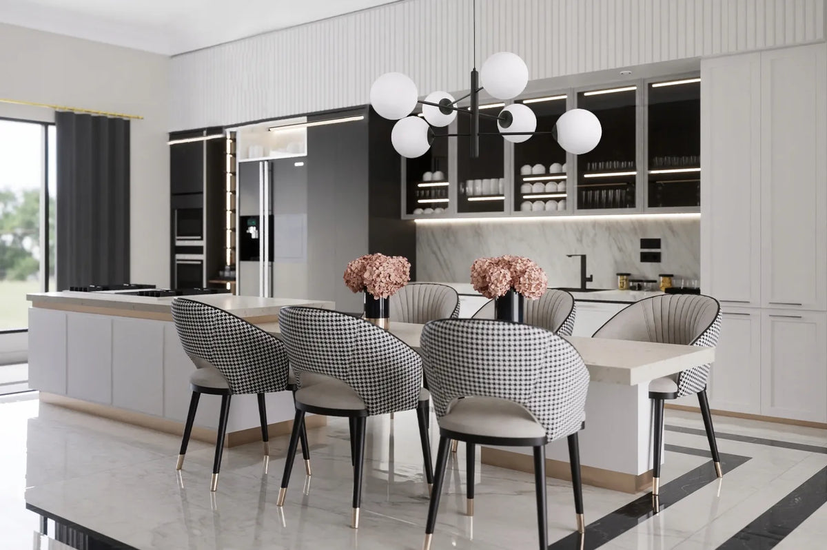 Pakabinamas lubinis šviestuvas „Light Home“ VICENZA juodas, lofto stiliaus, su baltais rutulio formos gaubtais, 6×E14