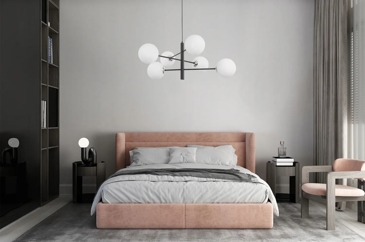 Pakabinamas lubinis šviestuvas Light Home VICENZA – juodas sietynas su baltais stikliniais gaubtais, 6 x E14