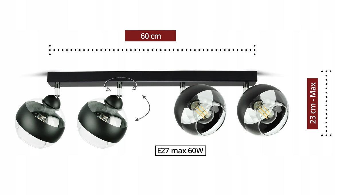 Pakabinamas lubinis šviestuvas „Luxolar Black Belt BG4“, juodas, su stikliniais rutulio formos gaubtais, 4 × E27