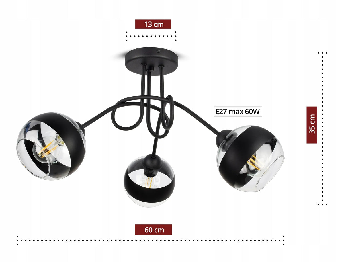 Pakabinamas lubinis šviestuvas „Luxolar Black Belt“, juodas, stikliniai rutulio formos gaubtai, PE3, LED, E27