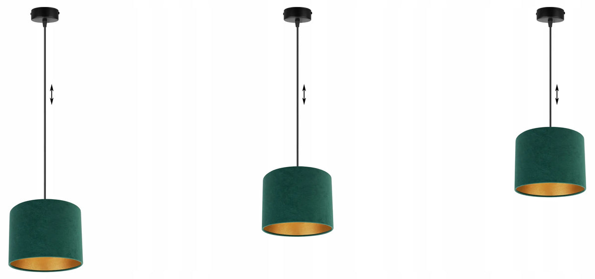 Pakabinamas lubinis šviestuvas „MEDIOLAN“ – elegantiškas auksinis veliūrinis gaubtas, Light Home
