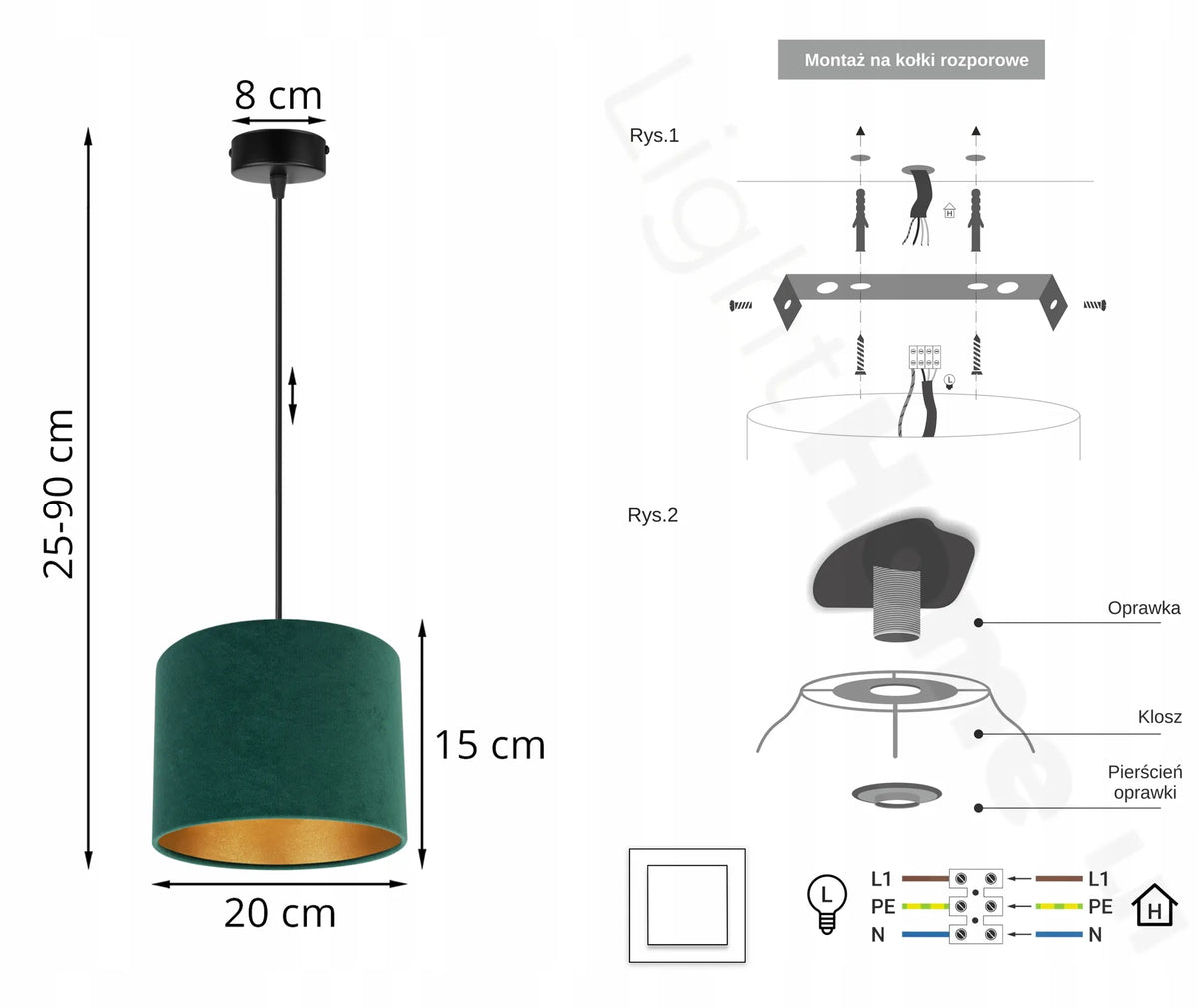 Pakabinamas lubinis šviestuvas „MEDIOLAN“ – elegantiškas auksinis veliūrinis gaubtas, Light Home