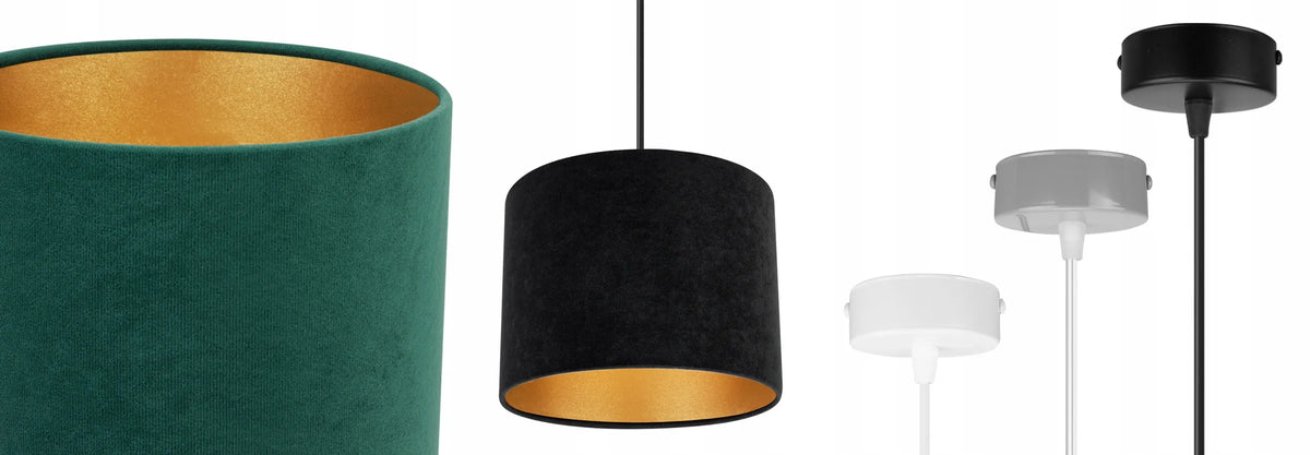 Pakabinamas lubinis šviestuvas „MEDIOLAN“ – elegantiškas auksinis veliūrinis gaubtas, Light Home
