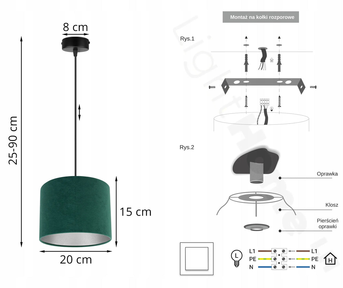 Pakabinamas lubinis šviestuvas „Mediolan“ „Light Home“, juodas su smėlio spalvos gaubtu, 20 cm