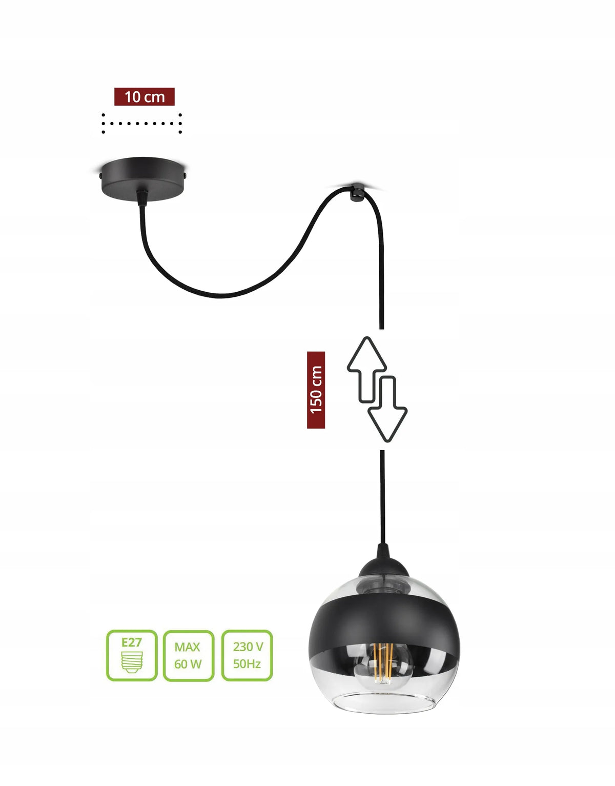Pakabinamas lubinis šviestuvas „Pająk“ su juodu stikliniu gaubtu „Black Belt S1 LED E27“