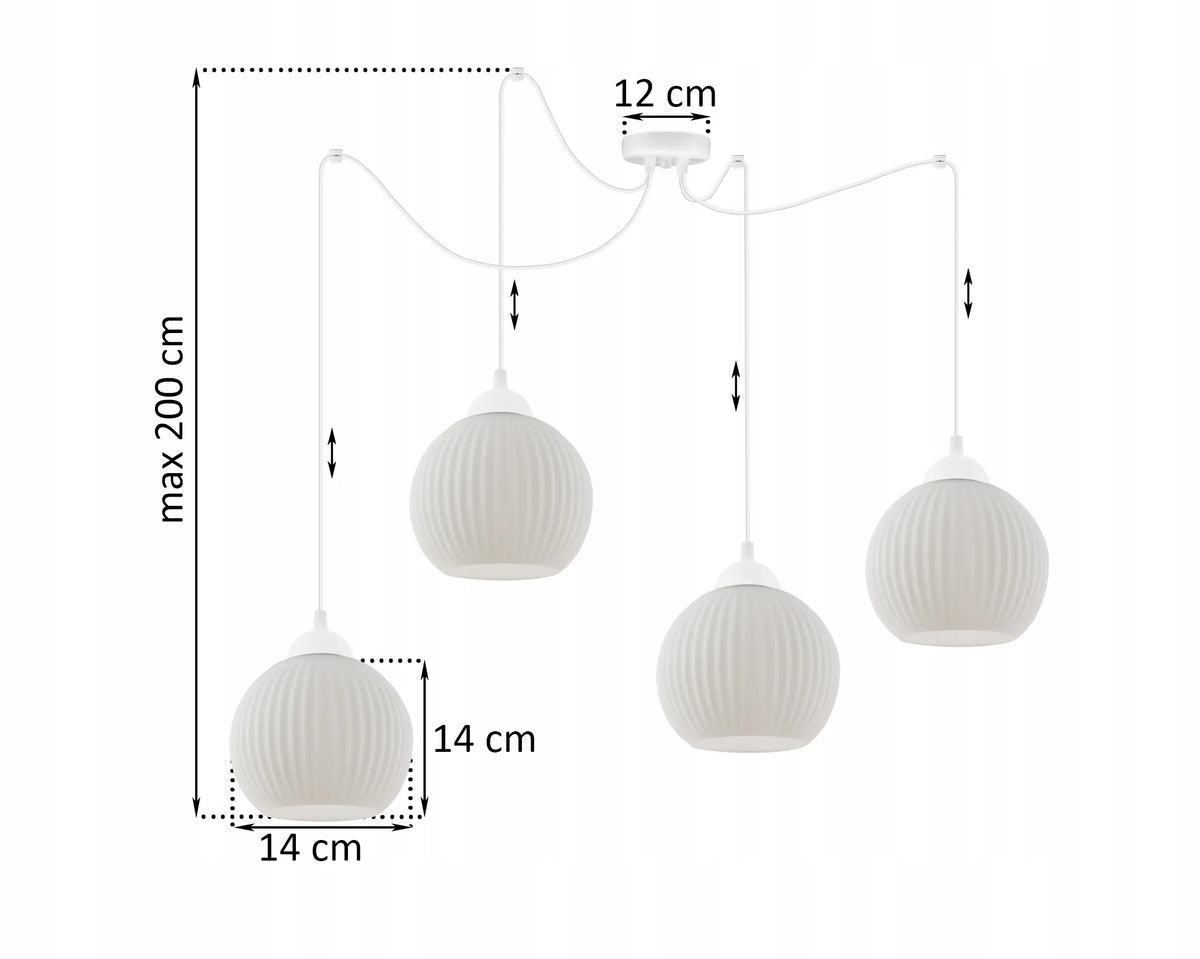 Pakabinamas lubinis šviestuvas „Pajūk“ LOFT, 4 šviesos šaltiniai, balti stikliniai gaubtai, E27