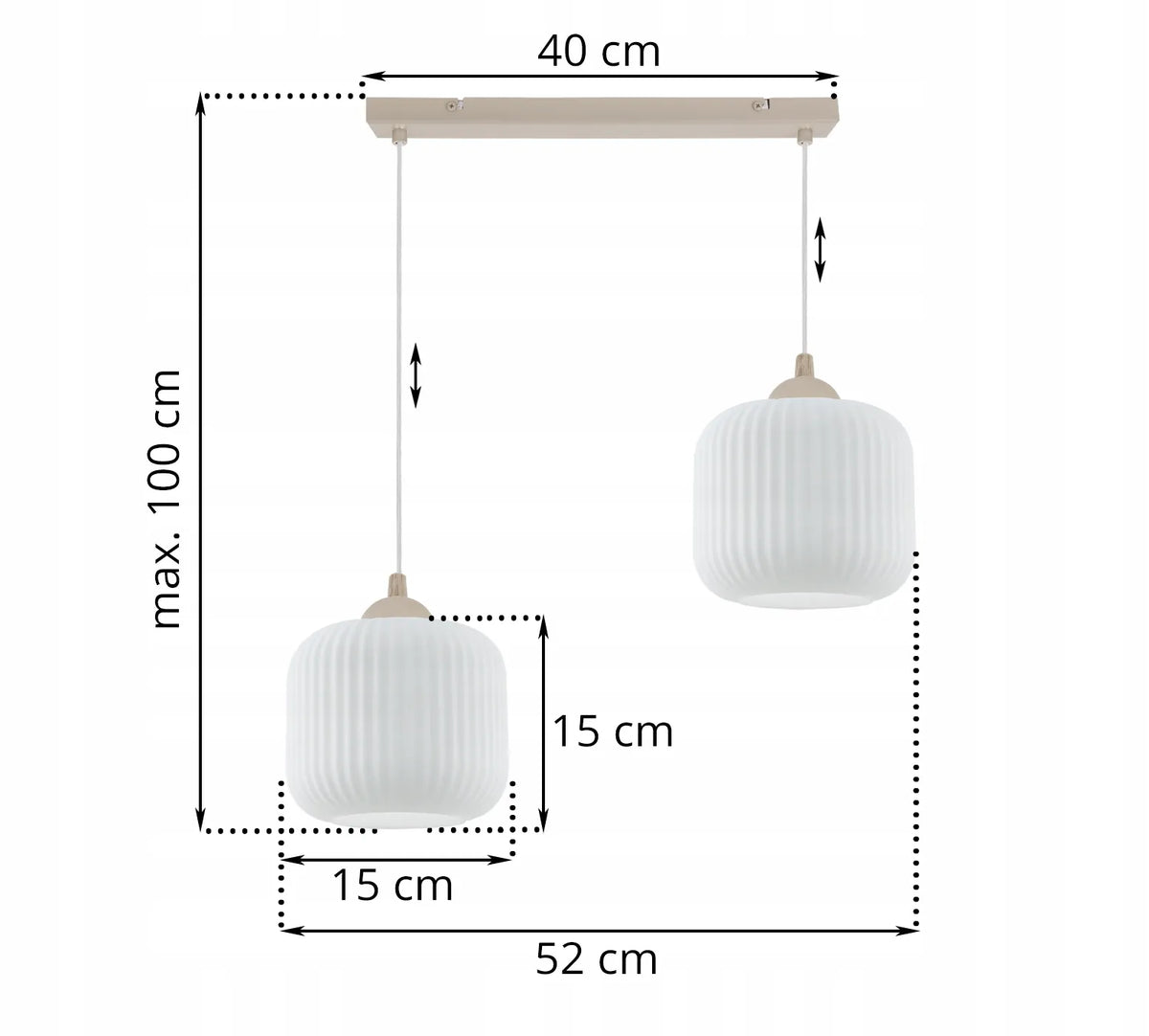 Pakabinamas lubinis šviestuvas RIFFLE, smėlio spalvos, su baltais stikliniais gaubtais, virš stalo