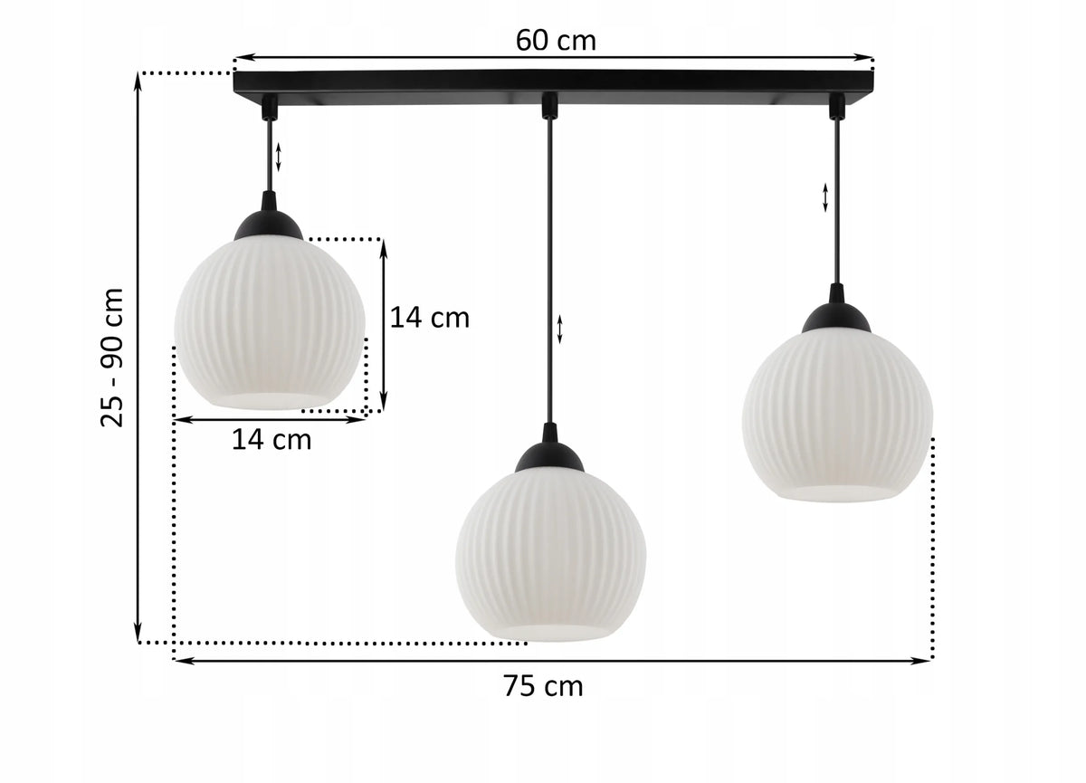 Pakabinamas lubinis šviestuvas RIFFLE su trimis baltais 14 cm rievėtais gaubtais, glamour stilius