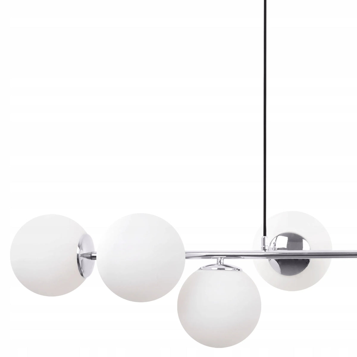 Pakabinamas lubinis šviestuvas SIENA 8 lempučių virtuvei, svetainei, lofto ir glamour stiliaus interjerui, chromo ir balti rutulio formos gaubtai