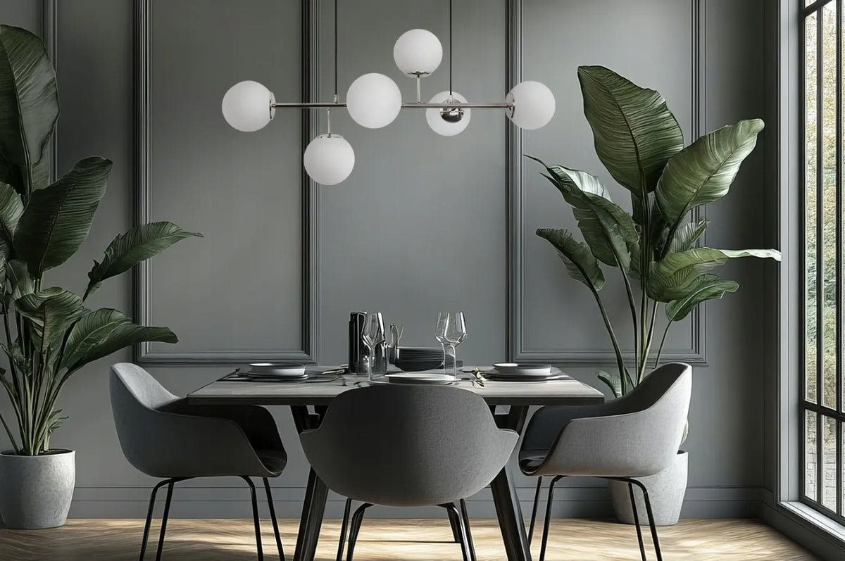 Pakabinamas lubinis šviestuvas SIENA LOFT, chromo spalvos, su baltais stikliniais gaubtais, virš stalo, E14