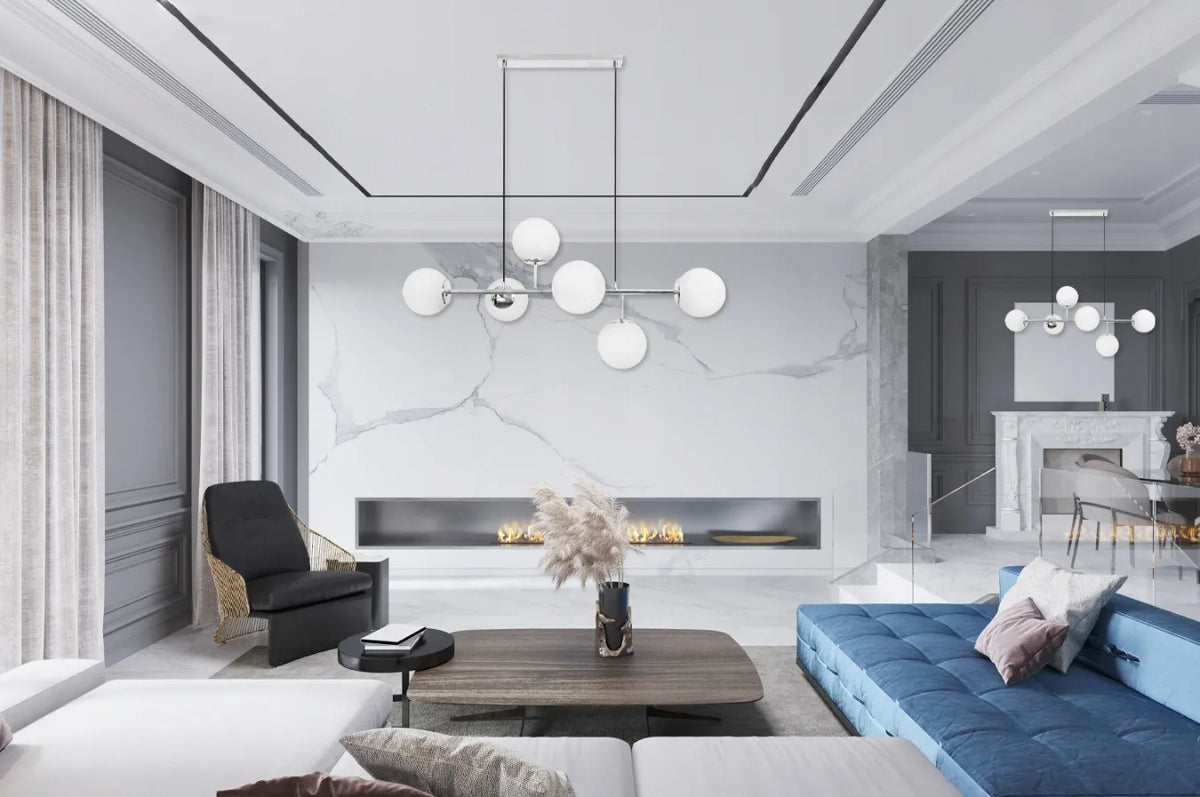 Pakabinamas lubinis šviestuvas SIENA LOFT, chromo spalvos, su baltais stikliniais gaubtais, virš stalo, E14