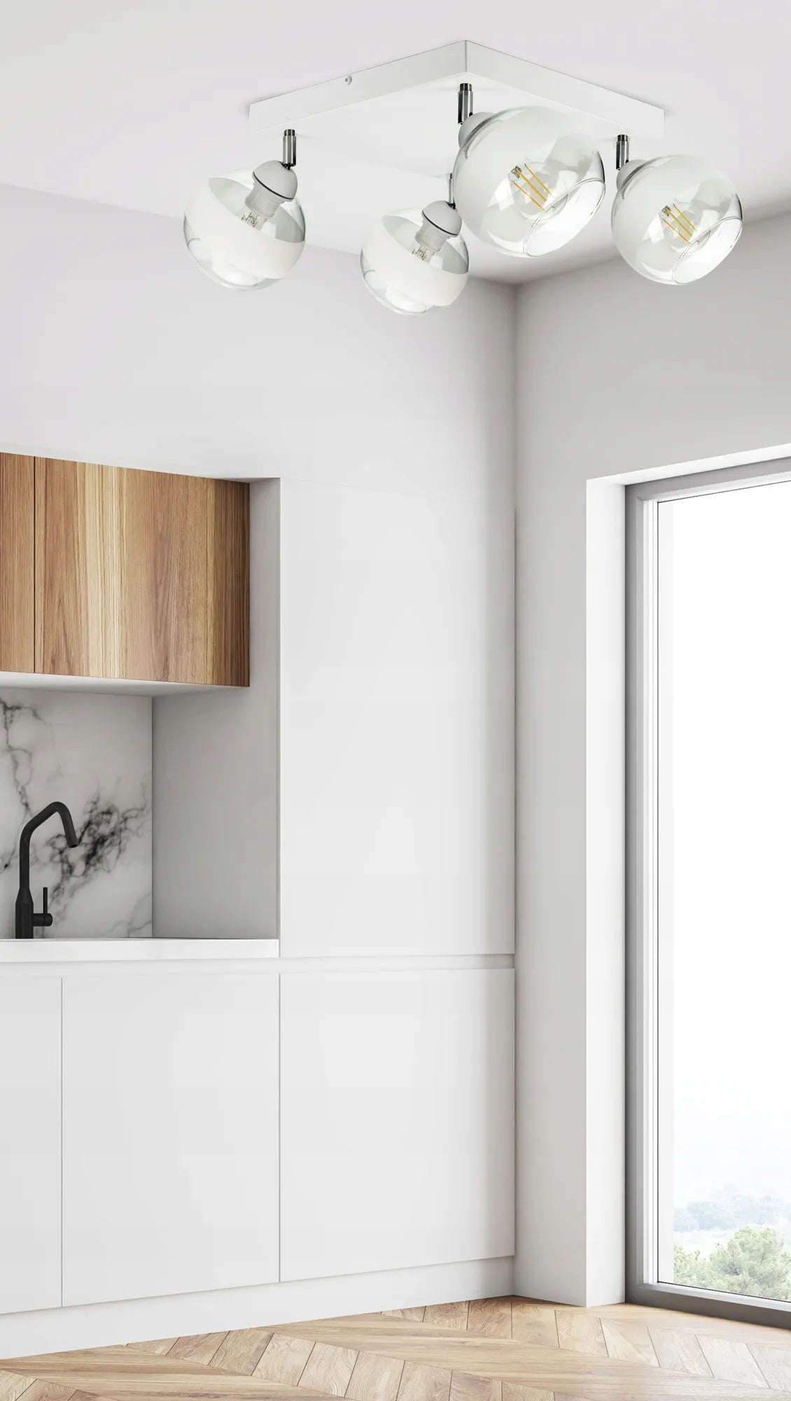 Pakabinamas lubinis šviestuvas, sietynas, baltas, stikliniai rutuliai „White Belt“ – AG4 LED E27