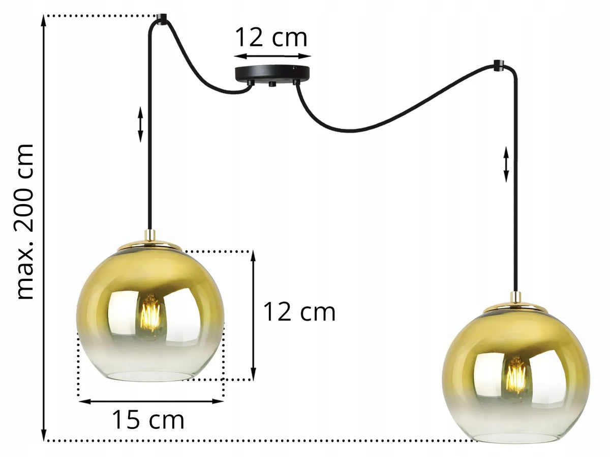Pakabinamas lubinis šviestuvas „SPIDER BERGEN GOLD“ – auksinis stiklinis gaubtas, 2 × E27, lofto ir glamour stilius