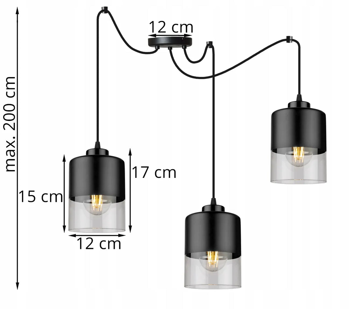 Pakabinamas lubinis šviestuvas „SPIDER ROMA 2240/3“, trigubas, juodas, stiklinis, lofto stiliaus
